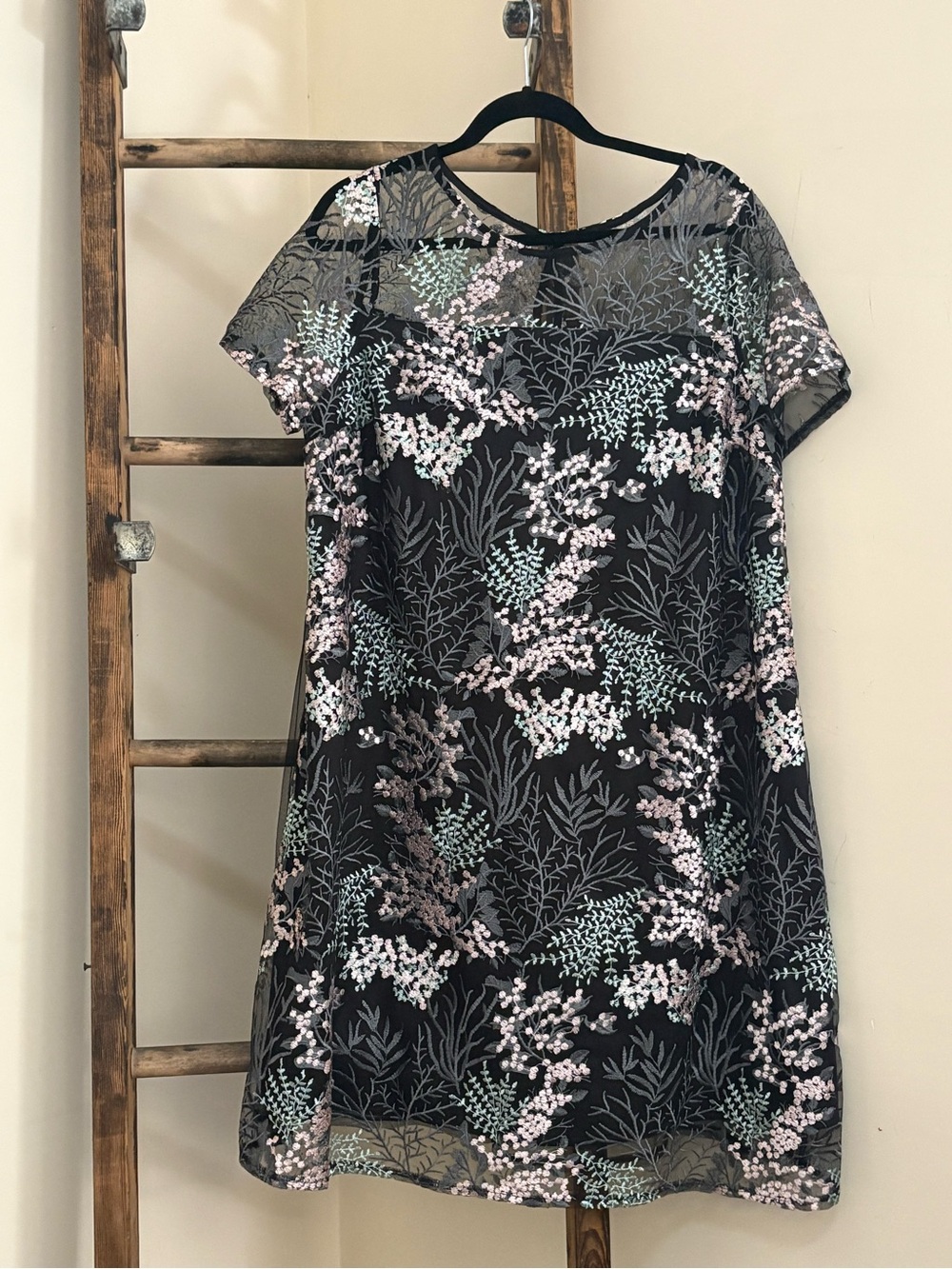 Lane Bryant Black Floral Embroidered Mini Dress with Pink & Mint Accents